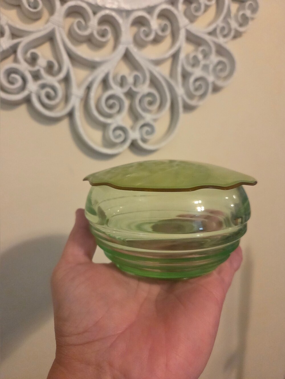 Art Deco Uranium Glass Powder Jar. Pearlized Celluloid Lid Depression Glass RARE